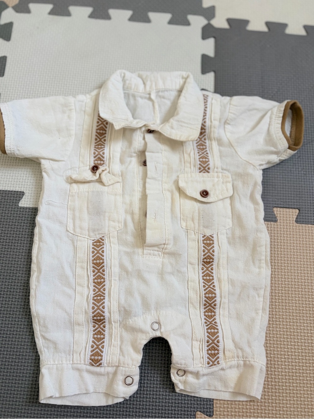 Neutral Embroidered Short-Sleeve Baby Romper